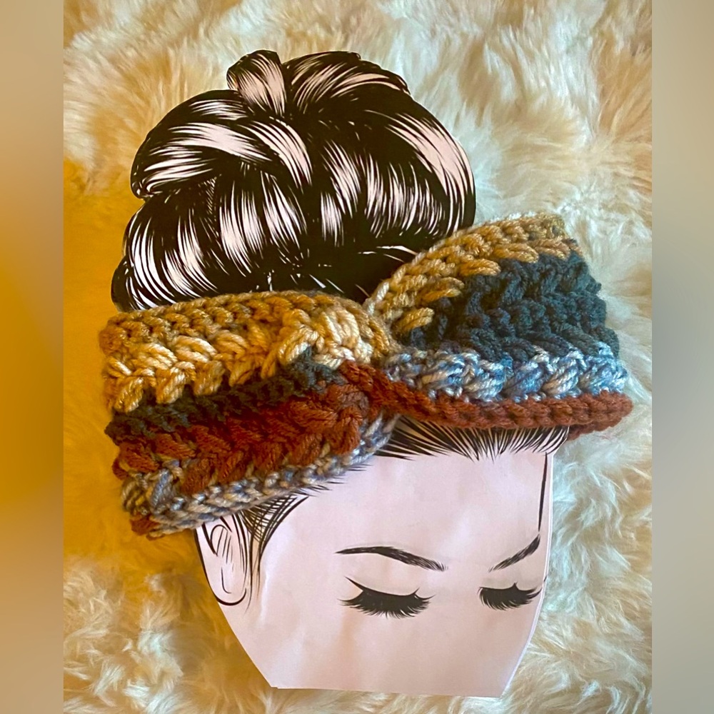 Hand-made, crocheted earwarmer twisted headband in neutral tones